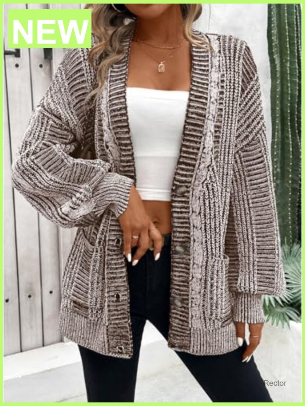 Oversized Cable Knit Cardigan with Pockets Long Sleeve - Picture 4 of 7